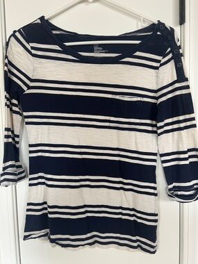 Striped Navy and White Women’s Boatneck Top with Button  Shoulder